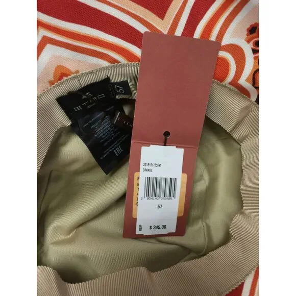 $345 ETRO Women's Orange Paisley Abstract Logo Bucket Hat Size 57